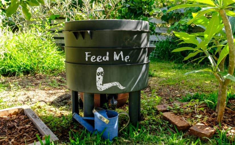 Compost bin with the text "Feed me"