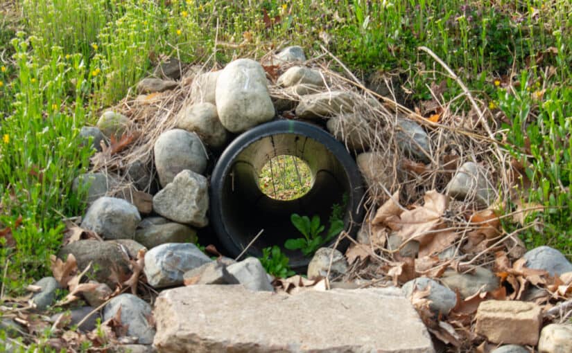 Looking into a French drain with black pipe and rocks surrounding it