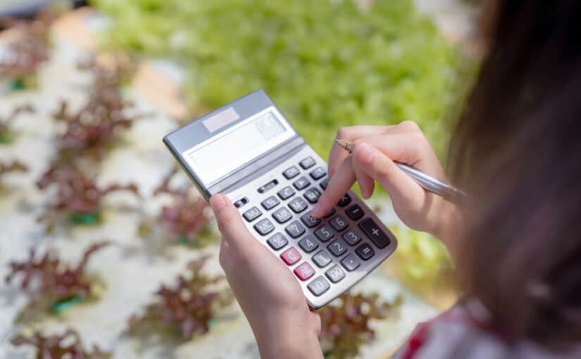 Woman holding calculator over plants