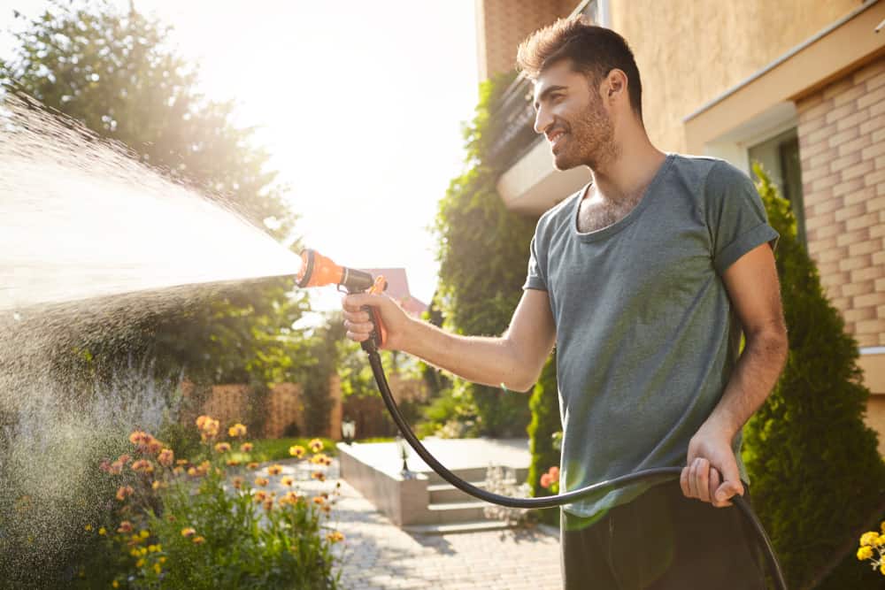 Man watering plants in garden with a hose on a summer morning.