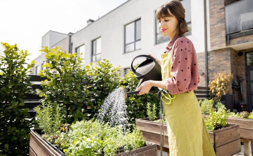 Woman watering fresh outdoor herbs in garden