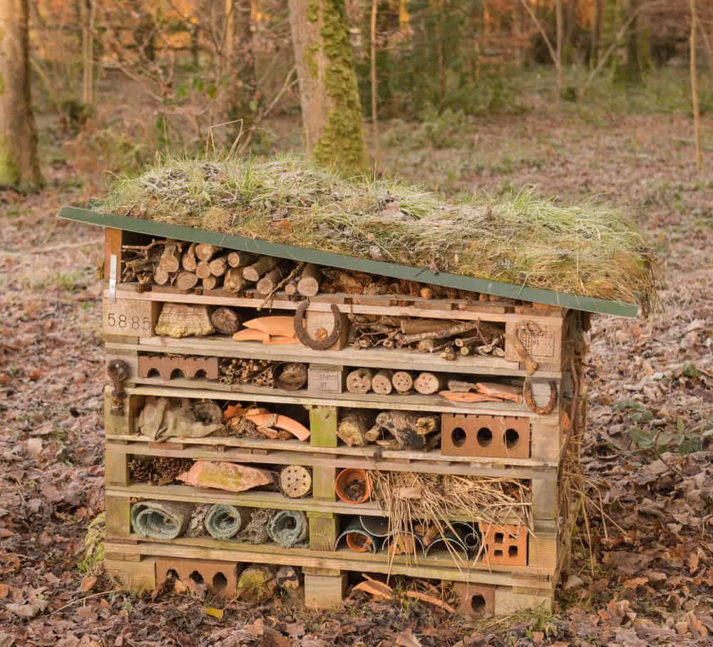 Bug hotel in winter in a cottage garden.